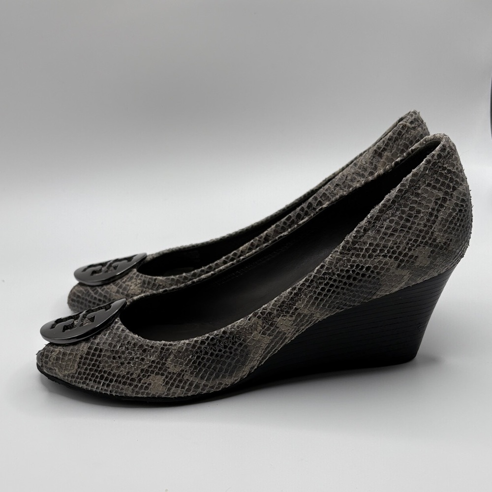 Tory Burch Chic Snakeskin Peep-Toe Heels - Picture 2 of 10